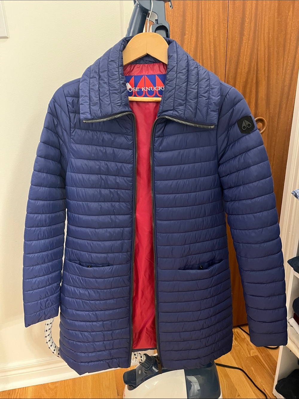 Moose Knuckles Navy Quilted Jacket with Red Lining